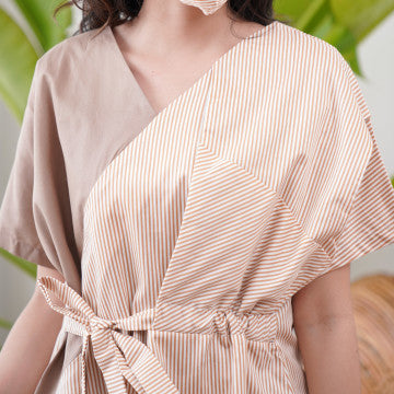 Baju Wanita Kimono Blouse - Light Brown with Stripe