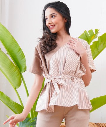 Baju Wanita Kimono Blouse - Light Brown with Stripe