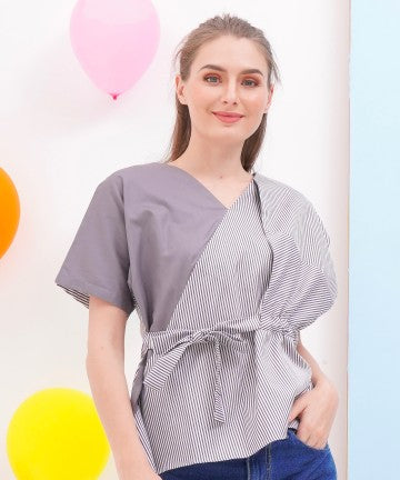 Baju Wanita Kimono Blouse - Grey with Stripe