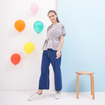 Baju Wanita Kimono Blouse - Grey with Stripe