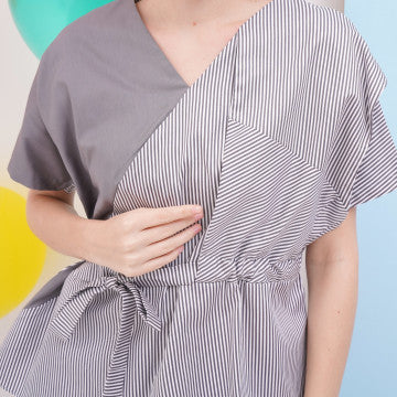 Baju Wanita Kimono Blouse - Grey with Stripe