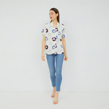 Baju Wanita Marshavel Emilly Blouse - White Blue Printed